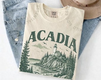 Camiseta del Parque Nacional Acadia / Camiseta vintage de la costa de Maine / Camiseta retro con estampado de faro / Regalo para excursionistas / Camiseta para actividades al aire libre en contacto con la naturaleza