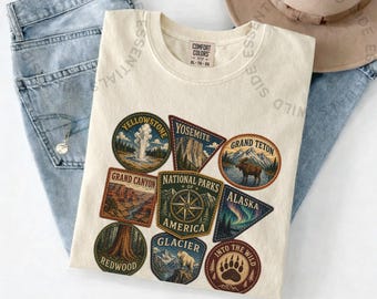 Camiseta de los Parques Nacionales de América / Camiseta con collage de insignias de parques vintage / Camiseta de Yellowstone y Yosemite Glaciar / Regalo para excursionistas / Camiseta para actividades al aire libre
