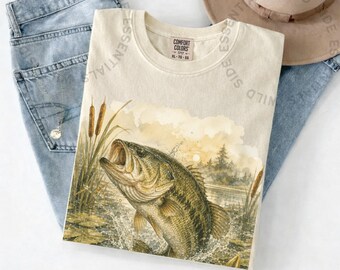 Camiseta de pesca de lubina en acuarela / Camiseta vintage de pesca de lubina / Regalo de pesca de lubina para él / Camiseta de pesca en la naturaleza / Camiseta de regalo para pescadores de lubina