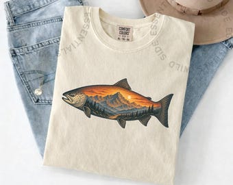 Camiseta de salmón de montaña / Camiseta con silueta de pez y paisaje / Camiseta gráfica de pesca en la naturaleza / Regalo de pesca al aire libre / Camiseta de pesca de salmón en la naturaleza