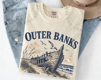 Camiseta de naufragio de Outer Banks / Camiseta vintage de la costa de Carolina del Norte / Camiseta gráfica de playa de OBX / Regalo náutico / Camiseta retro de naturaleza costera