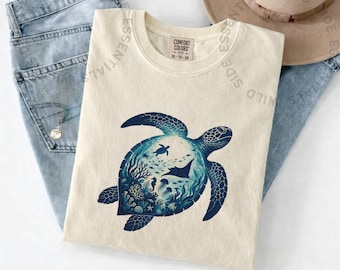 Camiseta con ilustración de tortuga marina y olas del océano / Camiseta con estampado de tortuga marina / Camiseta con efecto pintado