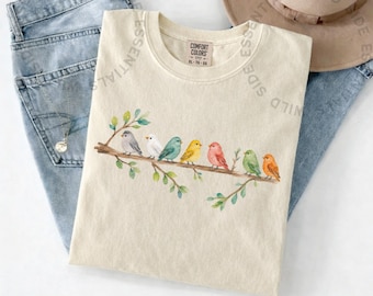 Watercolor Birds T-Shirt | Colorful Songbird Branch Tee | Cute Bird Nature Graphic Shirt | Bird Lover Gift | Boho Watercolor Tee