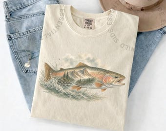 Camiseta de trucha en acuarela / Camiseta vintage de montaña con trucha arcoíris / Camiseta de naturaleza para pesca con mosca / Regalo para pescadores de trucha / Gráfico de pesca en río