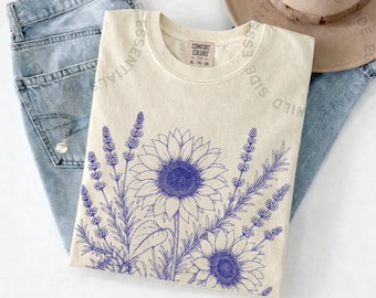 Camiseta Girasol Lavanda / Camiseta con Arte Botánico Lineal / Camiseta con Gráfico de Jardín Floral / Regalo para Amantes de la Naturaleza / Camiseta con Contorno Botánico Boho