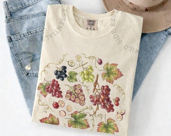Camiseta de uvas vintage / Camiseta con estampado botánico de uvas / Camiseta de viñedo en acuarela / Regalo para amantes del vino / Camiseta de naturaleza de la cosecha de otoño