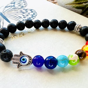 Chakra Stone Healing Bracelet W Volcanic Lava Rock Beads & Hamsa Hand - Meditation, Energy, Healing Bracelet