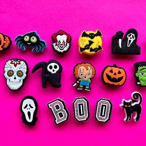 Halloween Croc Charms 16pcs 6.99 Get FREE GIFT w purchase of 3 sets Scary Spooky Mask Spider Cat Clown Bats Pumpkin Ghost Horror BOO Pumpkin