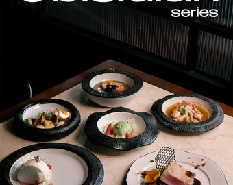 Handcrafted Ceramic Dinnerware, Black Textured Plates - Bowls for Modern Dining & Home Decor - SET