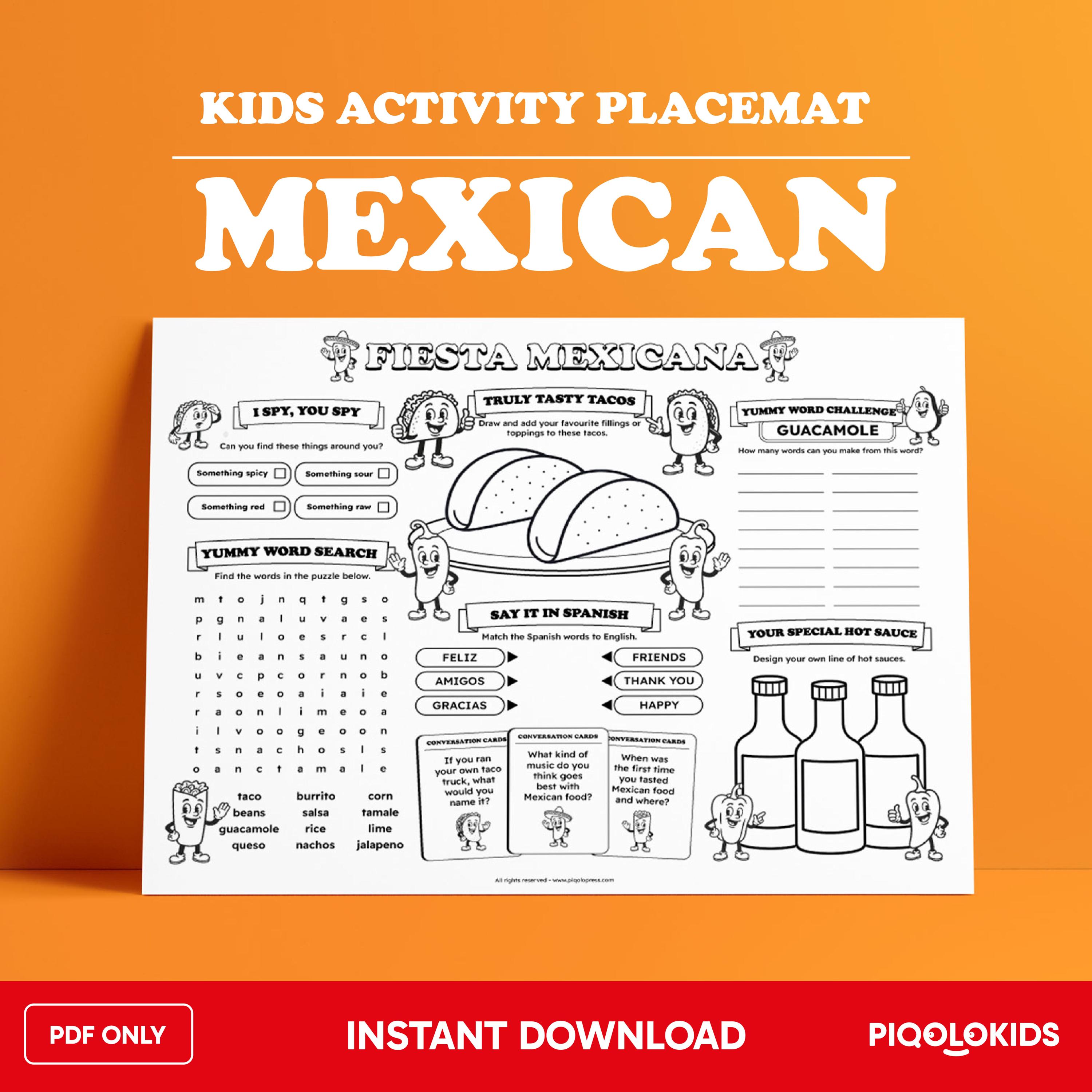 Printable Mexican Food Themed Activity Placemat: Kids Games, Colouring ...