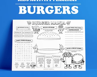 Mantel individual con actividades de hamburguesas: juegos para niños, colorear y sopa de letras (descarga en PDF)