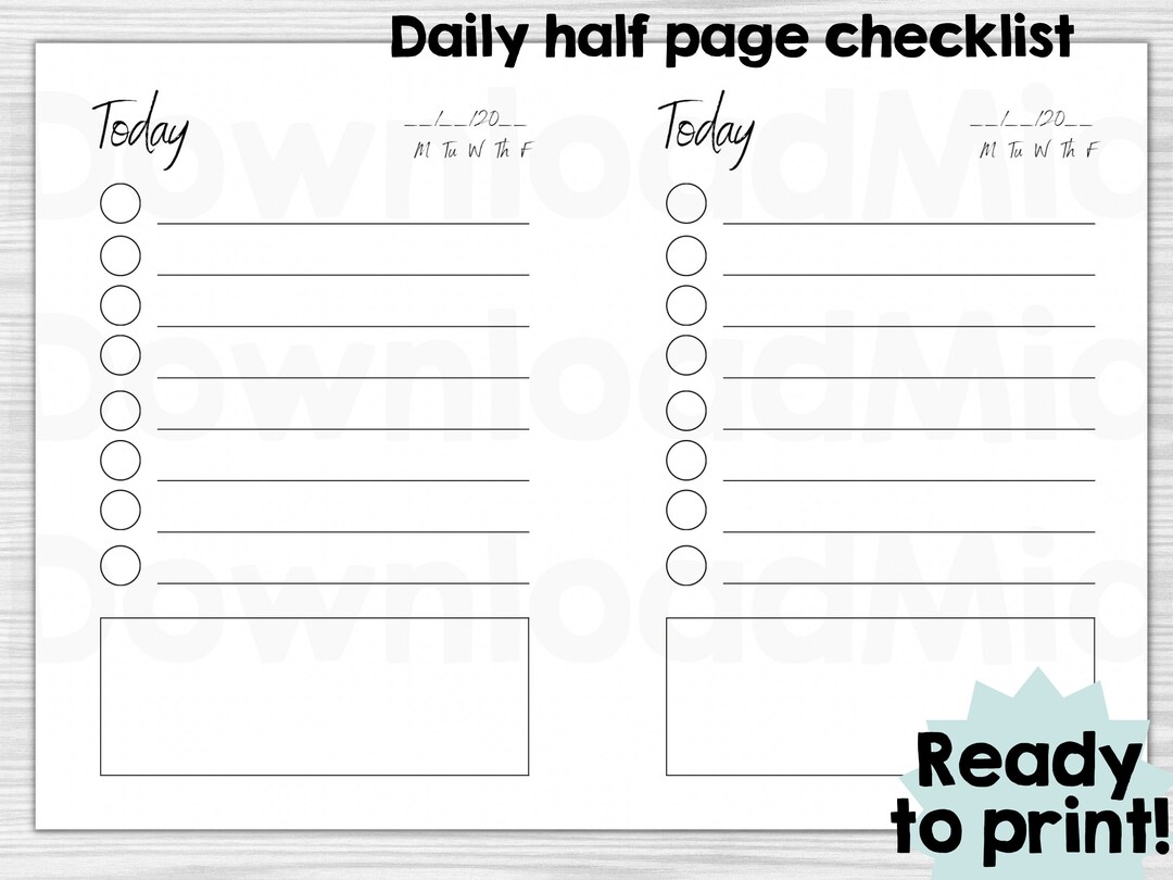 Daily Half Page Checklist Notes Schedule Planner Timetable to Do List ...
