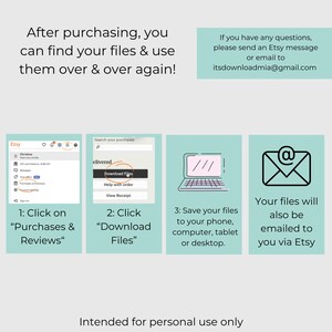 K&ouml;nnte beinhalten: Eine Grafik, die zeigt, wie man digitale Dateien herunterl&auml;dt, die auf Etsy gekauft wurden. Die Grafik zeigt einen Screenshot der Etsy-Website, einen Button mit der Aufschrift "Dateien herunterladen", einen Laptop und ein E-Mail-Symbol. Der Text lautet: "Nach dem Kauf finden Sie Ihre Dateien und k&ouml;nnen sie immer wieder verwenden!" und "Ihre Dateien werden Ihnen auch per E-Mail &uuml;ber Etsy zugestellt".