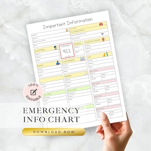 May include: A printable emergency information chart with sections for local police, fire station, hospital, doctor, dentist, vet, and poison control. The chart also includes a section for personal information, including names, phone numbers, and allergies. The chart is 100% editable.