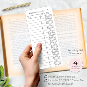 Bladwijzer leeslijst, afdrukbare boekenlegger bibliotheekkaart, gepersonaliseerde boekentracker voor kinderen, sjabloon thuis afdrukken met bewerkbare naam