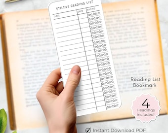 Reading list bookmark, printable Library card book mark, Personalised Book tracker for kids, print at home template with editable name