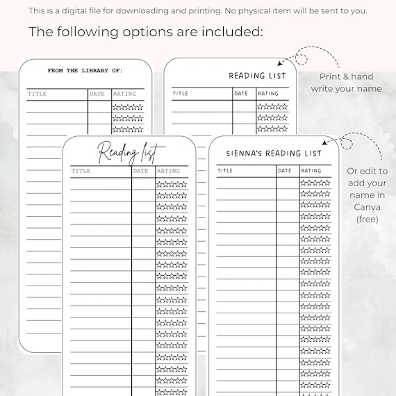 Reading list bookmark, printable Library card book mark, Personalised Book tracker for kids, print at home template with editable name