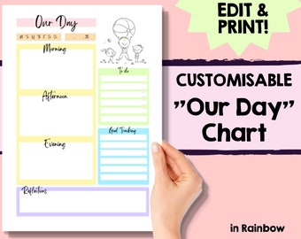 May include: A customizable "Our Day" chart with sections for morning, afternoon, evening, and reflections. Includes a "To Do" and "Goal Tracking" section. The chart has a pastel color scheme and features the text "EDIT & PRINT!" and "CUSTOMISABLE".