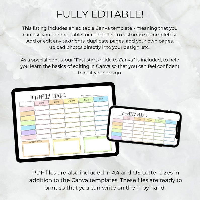 Puede incluir: Planificador semanal editable en Canva. La plantilla presenta un dise&ntilde;o pastel colorido con un dise&ntilde;o de cuadr&iacute;cula para la planificaci&oacute;n. El texto "WEEKLY PLAN" se muestra en la parte superior de la plantilla.