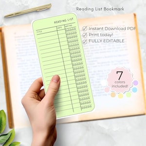 Leseliste Lesezeichen farbige druckbare Bibliothek Karte Lesezeichen, personalisierte Buch-Tracker für Kinder, drucken Sie zu Hause Vorlage bearbeitbaren Namen
