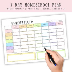 May include: A printable 7 Day Homeschool Plan weekly planner sheet with a grid layout. The document features pastel-colored headers for each day of the week, a notes section, and a week beginning line. The text reads 7 DAY HOMESCHOOL PLAN.