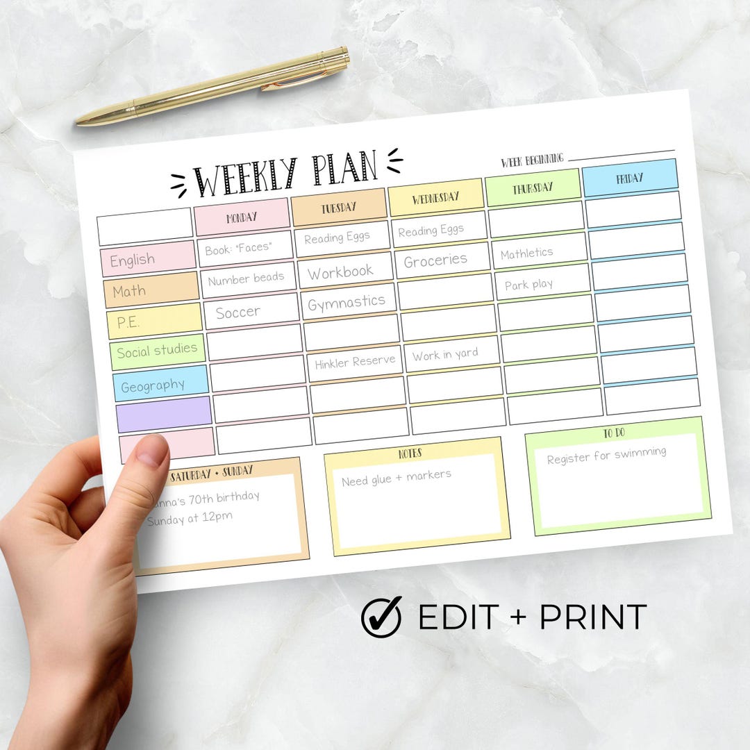 Weekly Plan Rainbow Homeschool Kids Printable Editable Schedule to Do ...