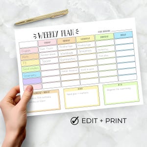 Pode incluir: Um planejador semanal imprimível com um design colorido. O planejador tem seções para cada dia da semana, com espaço para escrever atividades, compromissos e listas de tarefas. O planejador também inclui uma seção para notas e uma seção para uma lista de tarefas.
