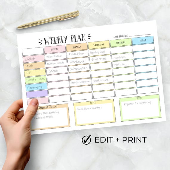 Weekly Plan Rainbow Homeschool Kids Printable Editable Schedule To Do List Responsibility Chart for Planning Jobs, Routines and School Work