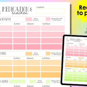 Medication Tracker Chart. Medicine Schedule. Print at home. Great for kids, baby, school, babysitter. Simple minimal Rainbow