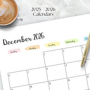 Calendario 2025 imprimible en blanco PDF Calendario 2025 2026 horizontal A4 Carta. Calendario de pared planificador mensual. Sencillo, elegante, arcoíris pastel