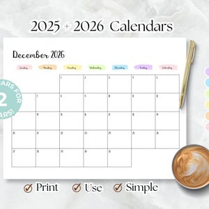 Calendario 2025 imprimible en blanco PDF Calendario 2025 2026 horizontal A4 Carta. Calendario de pared planificador mensual. Sencillo, elegante, arcoíris pastel