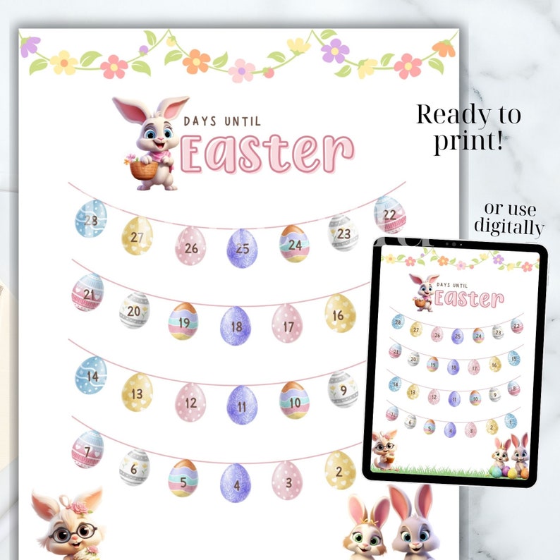 May include: Printable Easter countdown chart featuring a bunny rabbit holding a basket of eggs. The chart has a string of pastel coloured eggs with numbers 1-28. The text "Days Until Easter" is at the top of the chart.