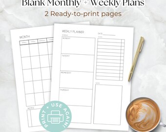 Blank Homeschool Plan monatlich und wöchentlich, fertig zum Drucken, PDF. 2 einfache minimale Seiten für die Schulmappe. Woche Monat To Do Checkliste