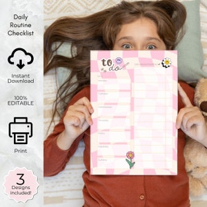 Daily Schedule, Printable homeschool Responsibility Chart, Kids School Routine, Chore Chart. Editable checklist rainbow for teen tween girls