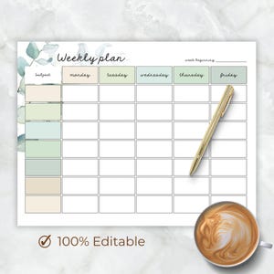 May include: A printable weekly planner with a watercolor floral design. The planner has a section for subject, Monday, Tuesday, Wednesday, Thursday, and Friday. The text "Weekly Plan" is at the top of the page. The text "100% Editable" is at the bottom of the page.