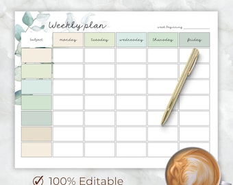 Könnte beinhalten: Ein druckbarer Wochenplaner mit einem Aquarell-Blumenmuster. Der Planer hat einen Bereich für das Thema, Montag, Dienstag, Mittwoch, Donnerstag und Freitag. Der Text "Weekly Plan" befindet sich oben auf der Seite. Der Text "100% Editable" befindet sich unten auf der Seite.