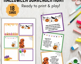 Halloween Scavenger hunt for kids, Kids treasure hunt clues, Scavenger hunt clue cards, Halloween game, Printable Halloween party games