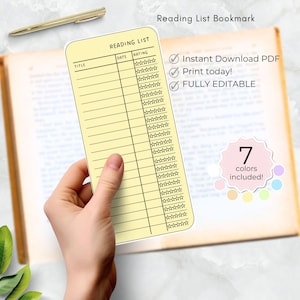 Leseliste Lesezeichen farbige druckbare Bibliothek Karte Lesezeichen, personalisierte Buch-Tracker für Kinder, drucken Sie zu Hause Vorlage bearbeitbaren Namen
