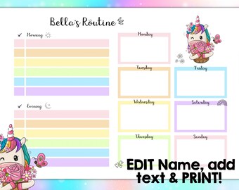 Elenco di controllo per bambini Grafico dei lavori domestici Responsabilità Ragazza modificabile unicorno arcobaleno Modello di pianificazione digitale stampabile personalizzabile Pianifica la scuola a casa
