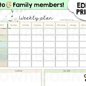 May include: A printable weekly planner featuring a green and white floral design. The planner has space for up to six family members and includes sections for notes and to-do lists. The text "Edit & Print!" is in a speech bubble in the top right corner.
