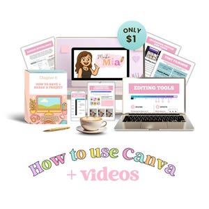 May include: An educational graphic about digital marketing and design. The image shows a computer monitor, laptop, tablet, and smartphone displaying Canva tutorials. There are also printouts and a book. The text "How to use Canva + videos" is displayed.