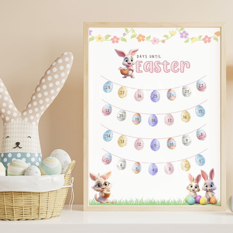 May include: A printable Easter countdown chart featuring a bunny rabbit holding a basket of eggs. The chart has a string of colourful eggs with numbers 1-28, counting down the days until Easter.