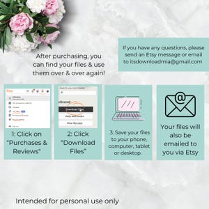 Puede incluir: Un gr&aacute;fico con instrucciones sobre c&oacute;mo descargar archivos digitales comprados en Etsy. El gr&aacute;fico muestra una pantalla de computadora con un bot&oacute;n que dice "Descargar archivos". El gr&aacute;fico tambi&eacute;n muestra un icono de correo electr&oacute;nico y texto que dice "Tus archivos tambi&eacute;n se enviar&aacute;n por correo electr&oacute;nico a trav&eacute;s de Etsy".