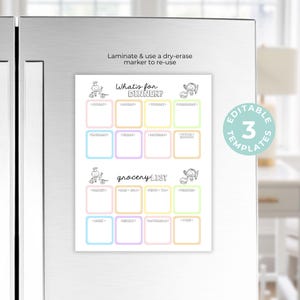 May include: A printable meal planner and grocery list template with a white background and colourful borders. The template includes sections for "What's for Dinner?" and "Grocery List". The text "Editable 3 Templates" is in a circle on the right side of the page.