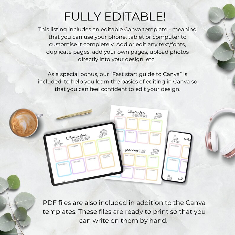 Meal Plan Weekly Menu and Grocery List Digital Printable Simple Minimal