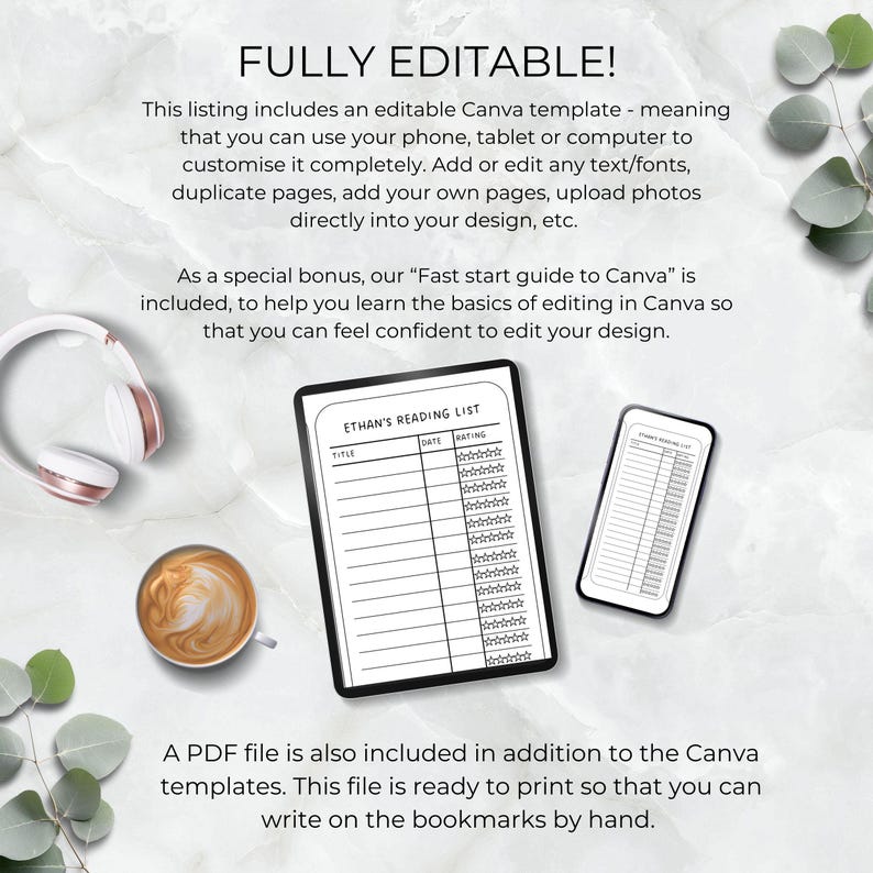 May include: A digital reading list template with the text "ETHAN'S READING LIST" on a tablet and a phone. The image also includes a cup of coffee, headphones, and text that reads "FULLY EDITABLE!"