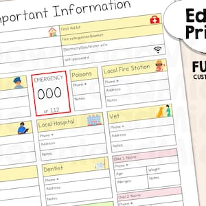 May include: A printable checklist for important information, including emergency numbers, local services, and child information. The checklist is yellow with black text and includes icons for each category.