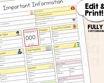 Emergency contact List. Important information chart. Kids emergency contact chart Australia 000 Customisable Digital Printable