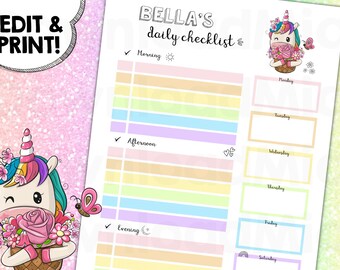 Kids Checklist Chore Chart Responsibility Editable unicorn rainbow girl Customisable Digital Printable Planner Template Schedule homeschool