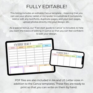 K&ouml;nnte beinhalten: Editierbare Wochenplan-Vorlage in Canva. Die Vorlage wird auf einem Tablet und einem Telefon angezeigt. Die Vorlage hat ein pastellfarbenes Farbschema und enth&auml;lt Wochentage und Zeitfenster. Der Text "WEEKLY PLAN" befindet sich oben auf der Vorlage. PDF-Dateien sind ebenfalls in den Formaten A4 und US Letter enthalten.